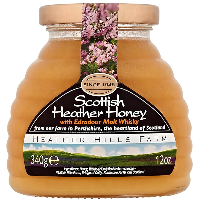 Heather Hills Farm Scottish Heather Honey with Whiskey 340g (12oz) - Highland Heather Honey Infused with Scotch Whiskey Authentic Scottish Food Gift Imported Gourmet Spread Made in Scotland