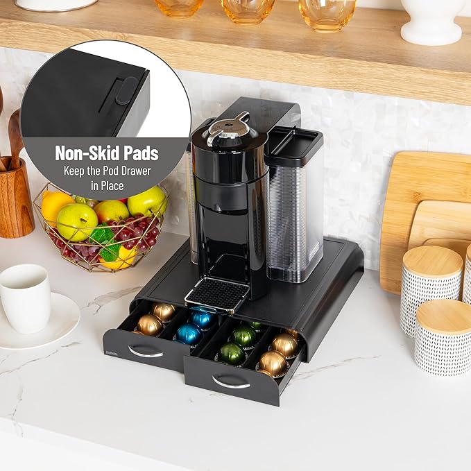 Mind Reader Single Serve Coffee Pod Organizer with 2 Drawers Compatible with 18 Vertuoline (7.77 fl oz) or 72 Original Nespresso (1.35 fl oz) capsules Plastic 13.25L x 12.75W x 2.5H Black
