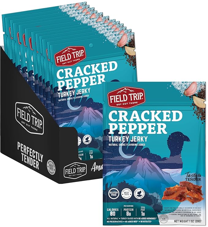 Field Trip Turkey Jerky Gluten Free Low Carb Healthy High Protein Snacks No Nitrates All Natural Ingredients Cracked Pepper 1oz Bags 12 Pack