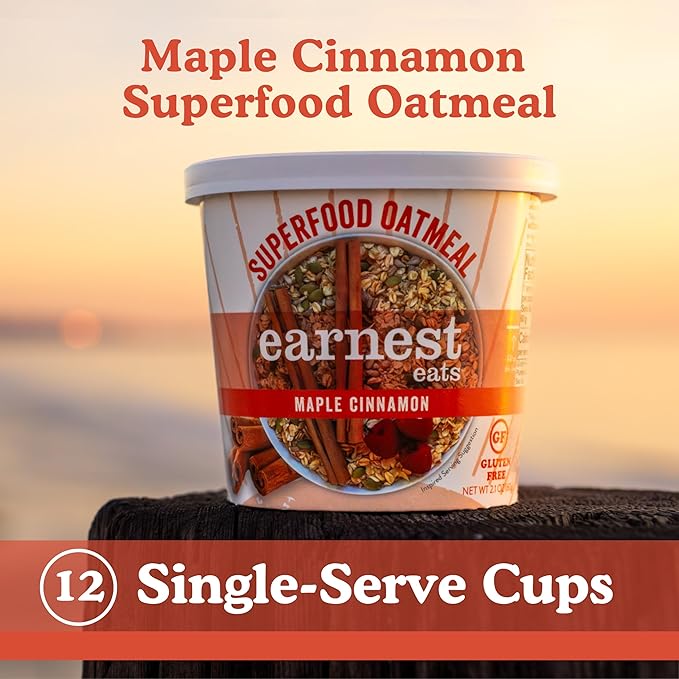 Earnest Eats Superfood Oatmeal Cups - Maple Almond Cinnamon – 8g Plant Protein Gluten Free Vegan On-the-Go Breakfast 2.1 Ounces Each (12 Pack)