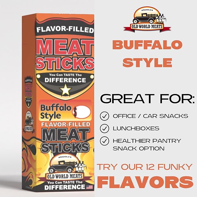 Old World Meats Meat Sticks 110 Calories Keto Low Carb 1g Sugar Fuelings 20 Pack 1 ounce sticks (Buffalo Wing Style)