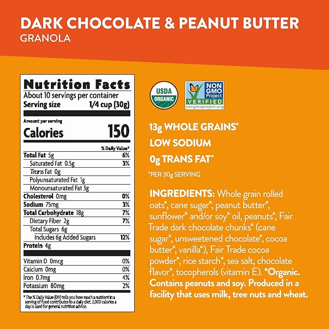 Love Crunch Organic Dark Chocolate &amp Peanut Butter Granola 11.5 oz (Pack of 6) Non-GMO Fair Trade by Nature's Path