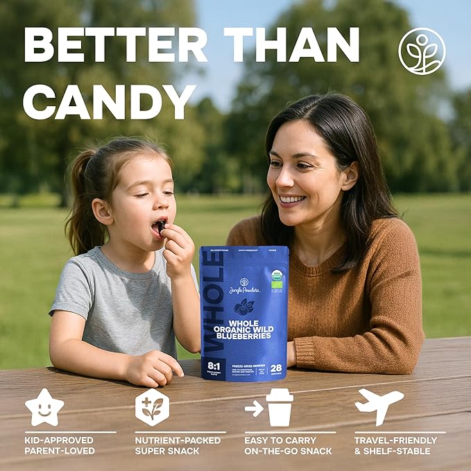 Jungle Powders Organic Blueberries Fresh Freeze Dried Fruit 4 Ounce Bag - Made From Frozen Wild Dried Blueberries + Freeze Dried Strawberries Organic USDA Certified Strawberry Slices 3.2 Ounce Bag