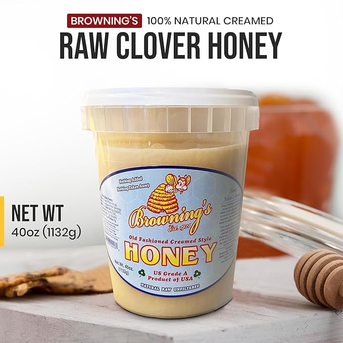 Browning's 40 oz Creamed Raw Clover Honey | 100% Pure Natural &amp Unfiltered | Premium Old-Fashioned Honey - Product of the USA