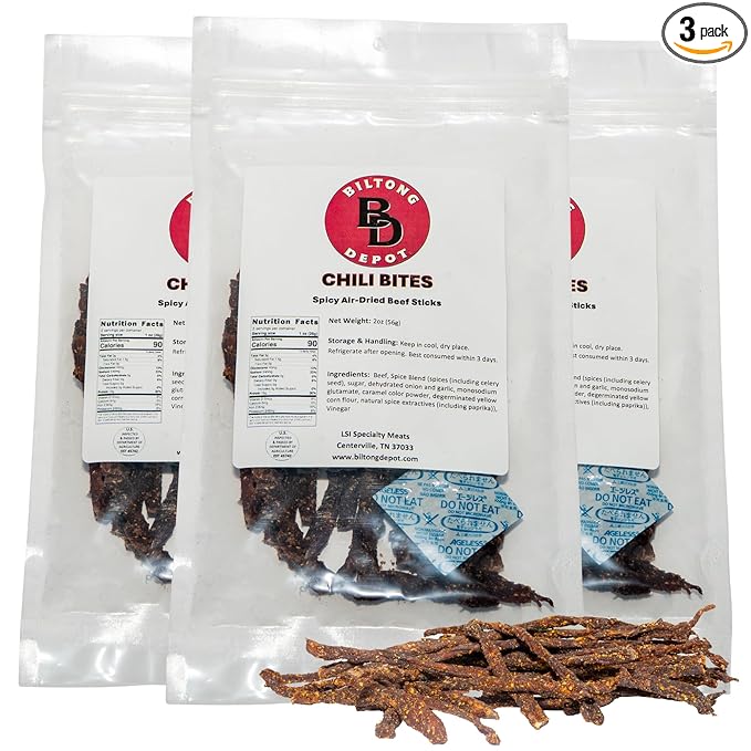 Biltong Depot Chili Bites - 2oz (3 Pack) | Thin Sliced Air-Dried Beef Sticks | Spicy Beef Jerky Snack | High Protein | Keto &amp Paleo Friendly | Zero Sugar | Gluten Free