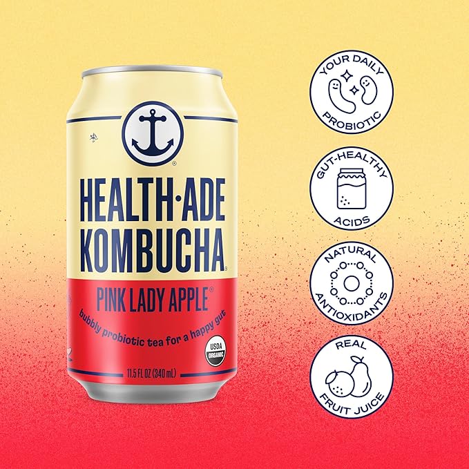 Health-Ade Pink Lady Apple® Kombucha Organic Drink 12-Pack (11.5 Fl Oz Cans) - Fermented Tea with Probiotics Non-GMO Vegan Gluten-Free