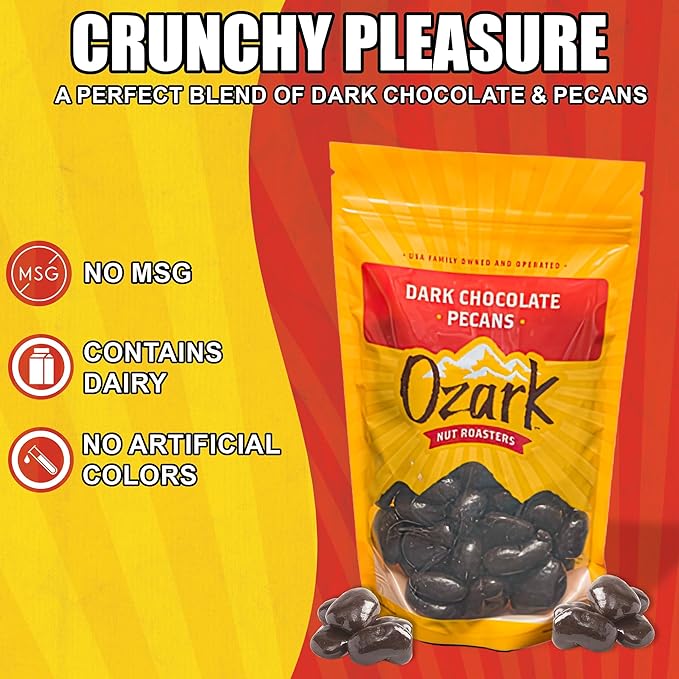 OZARK NUT ROASTERS Dark Chocolate Pecans Velvety Dark Chocolate Flavored Snacks World-Class Gourmet Candied Nuts Resealable Pack of 2 (14 oz)