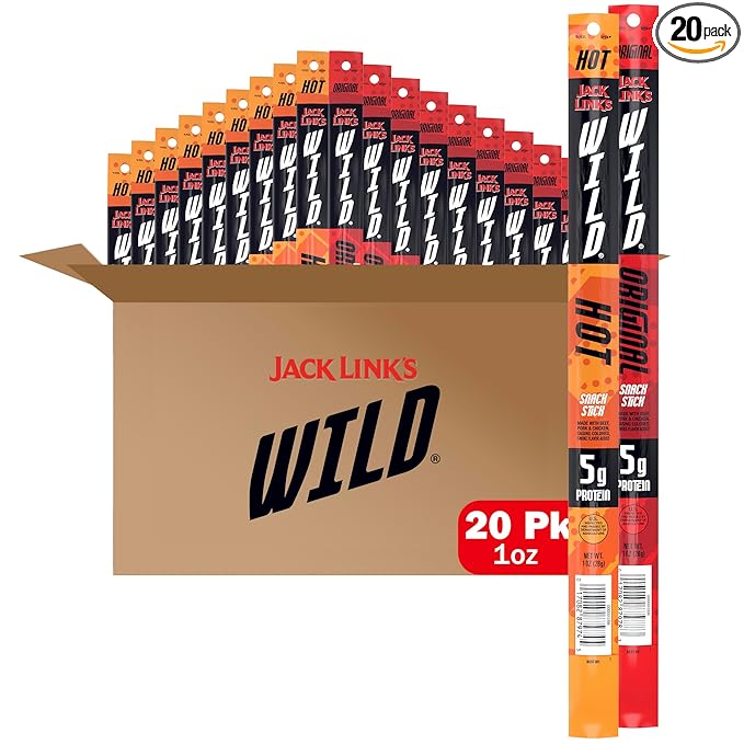 Jack Link's WILD Snack Sticks Original and Hot Variety Pack - Protein Snack Sticks with 5g of Protein per Serving Keto Friendly Individually Wrapped - 1.0 Oz. (Pack of 20)