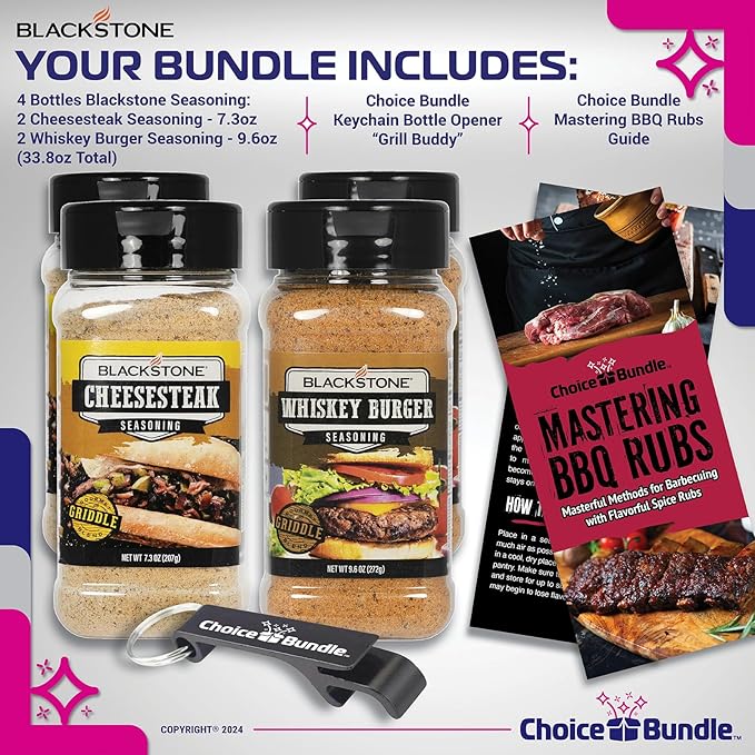 Blackstone Cheesesteak &amp Whiskey Burger Seasoning – Gourmet Griddle Premium BBQ Barbecue Rub 4 Pk Choice Bundle (33.8 oz) + BBQ Guide &amp Bottle Opener (6 Items)!