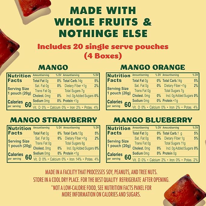 SOLELY - Organic Mango Whole Fruit Gummies Variety Pack (4 Flavors 5 Bags per Box) - Real Fresh Fruit - Healthy Snacks for Adults &amp Kids - Non GMO Vegan Snacks Shelf Stable - 20 Bags (3.5 oz)