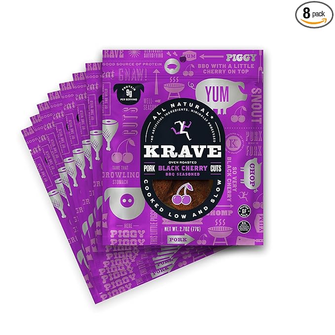 KRAVE All Natural Pork Jerky Black Cherry BBQ - Protein Packed Snacks Roasted for Maximum Flavor - Premium Tender Meat Cuts - Gluten Free - 2.7 Ounce (Pack of 8)