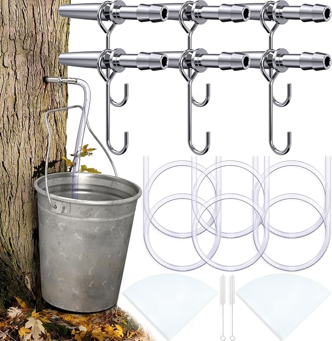 Maple Syrup Tapping Kit (6 Set) Maple Tree Tapping Kit with Stainless Steel Maple Syrup Taps Hooks 3FT Food Grade Sap Tubes Maple Syrup Filter Tree Sap Tapping Kit for Maple Syrup Making Supplies