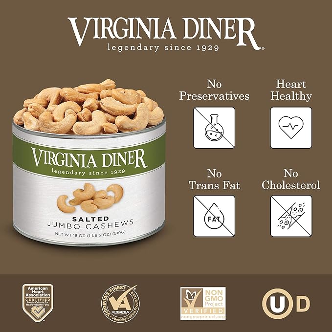 Virginia Diner Jumbo Salted Cashews - Non-GMO Preservative Free Gourmet Cashews Gift from Virginia Since 1929-18 Oz Can