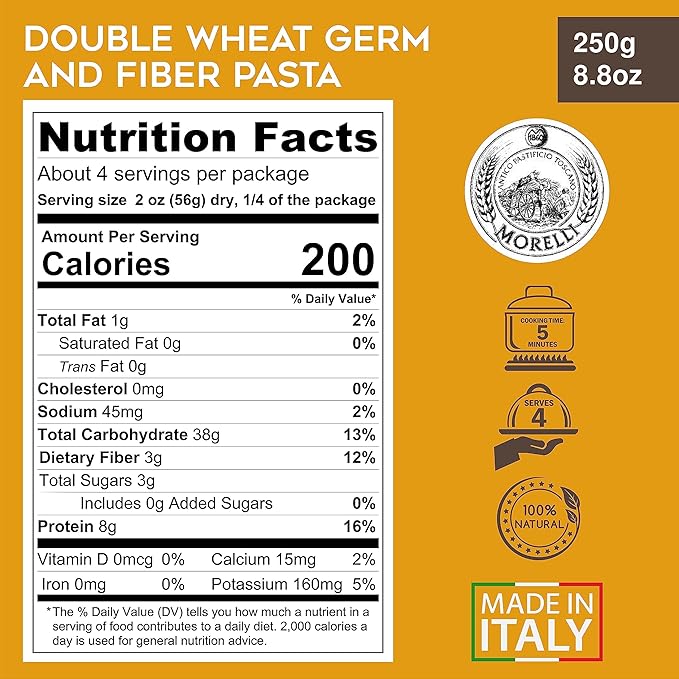 Morelli Mafalda Pasta High Fiber Mafaldine Pasta Imported from Italy (Ricciolina Reginette With Bran and Double Wheat Germ) - 8.8 oz / 250 g (Pack of 2)