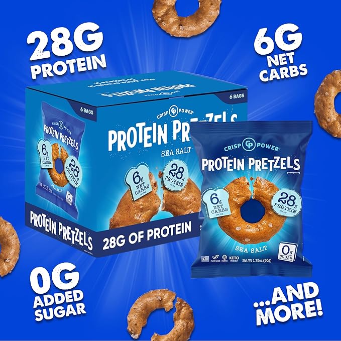 CRISP POWER Protein Pretzels Sea Salt 28G Protein High Protein Snack High Fiber Low Carb Crunchy Pretzel Snacks No Added Sugar 1.75 oz Bags 6 Pack Vegan Keto