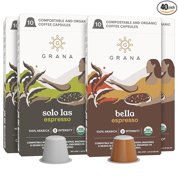G GRANA Coffee Pods Compatible with Nespresso OriginalLine 40 Count Medium and Dark Roast USDA Organic 100% Arabica Single Source Specialty Coffee Compostable Single Serve Capsules