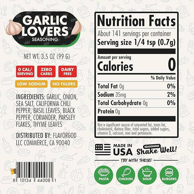 Garlic Lovers Seasoning Mix by Flavor God - Premium All Natural &amp Healthy Spice Blend for Grilling Chicken Beef Seafood Vegetables Salad Tacos Pizza &amp Pasta - Kosher Gluten-Free Dairy