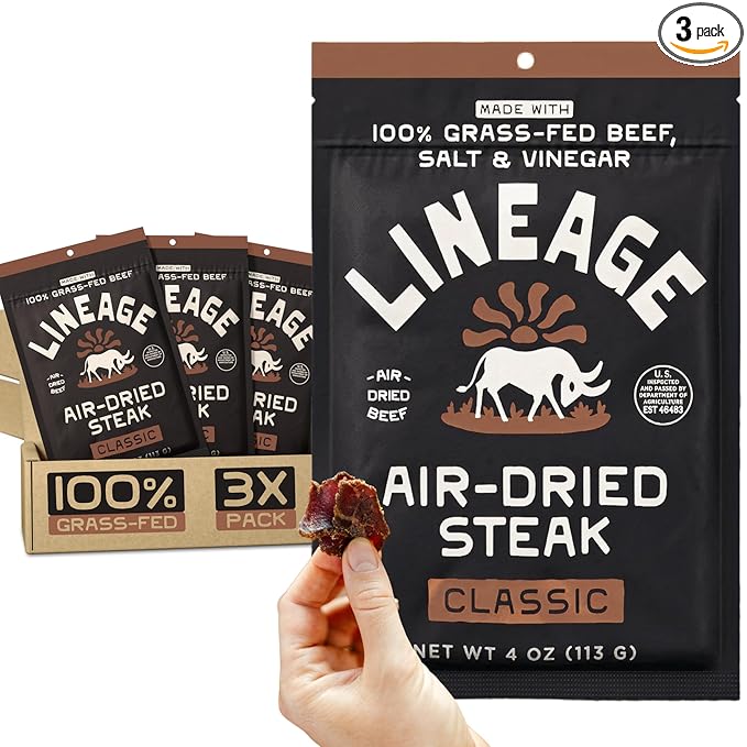 Lineage Provisions 100% Grass Fed Air-Dried Steak - Nutrient-Dense Carnivore Snacks - Tender Beef Jerky Bites - Keto-Friendly Steak Jerky - Zero Sugar Zero Carbs - High Protein Snack - 3-Pack