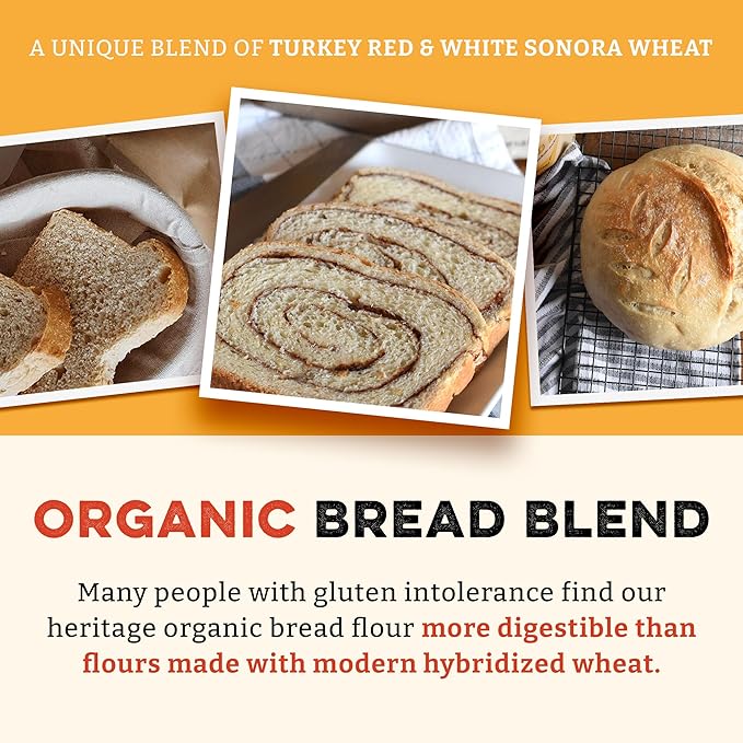 Sunrise Flour Mill Heritage Organic Bread Flour Blend - 25 lbs | Organic Unbleached Bread Flour Easy to Digest with Less Bloating | High Protein Superior Baking | Smooth Nutty Flavor