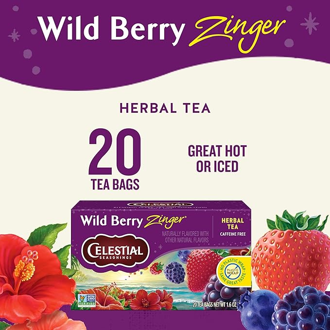 Celestial Seasonings Wild Berry Zinger Herbal Tea Caffeine Free 20 Tea Bags Box (Pack of 6)