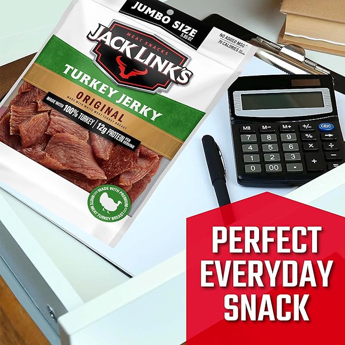 Jack Link's Turkey Jerky Original 5.85 oz. Sharing Size Bag – Flavorful Meat Snack with 12g of Protein 80 Calories Made with 100% Turkey - 96% Fat Free No Added MSG or Nitrates/Nitrites