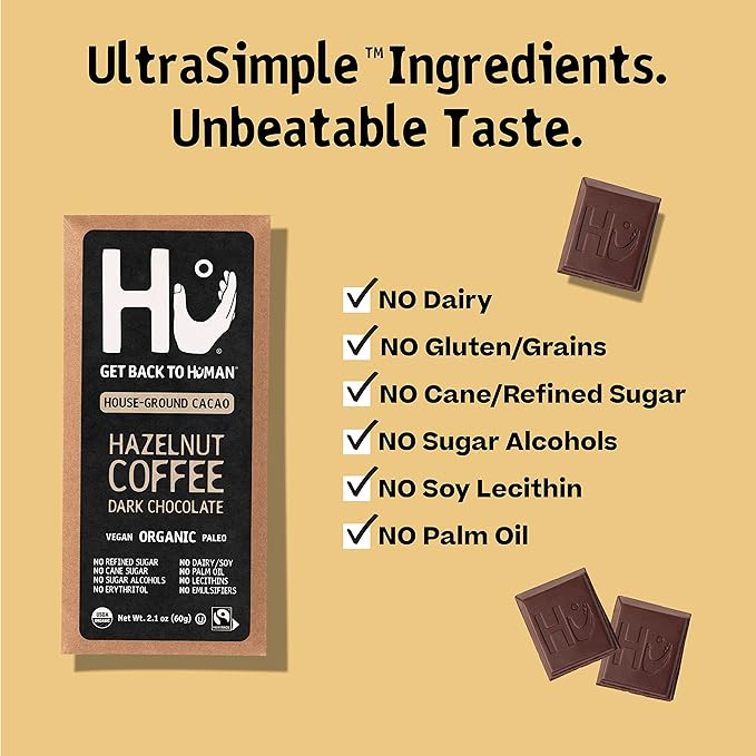 Hu Chocolate Bars | 12 Pack Hazelnut Coffee Crunch Chocolate | Natural Organic Vegan Gluten Free Paleo Non GMO Fair Trade Dark Chocolate | 2.1oz Each