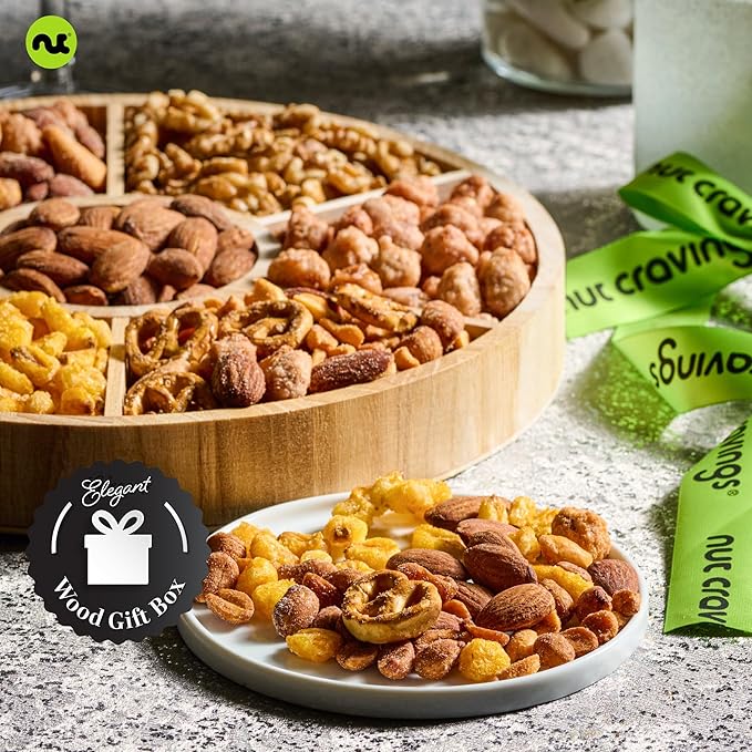 NUT CRAVINGS - Easter Mixed Nuts Gift Basket in Reusable Round Wooden Tray + Green Ribbon (7 Assortments) Ramadan Gifts Saint Patrick's Day Treats for Adults Healthy Snack Care Package Kosher