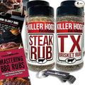 Killer Hogs Steak Rub &amp TX Texas Brisket Rub Premium BBQ Barbecue &amp Seasoning 4 pk Variety Choice Bundle (44 oz) + BBQ Guide &amp Keychain Bottle Opener (6 Items)!