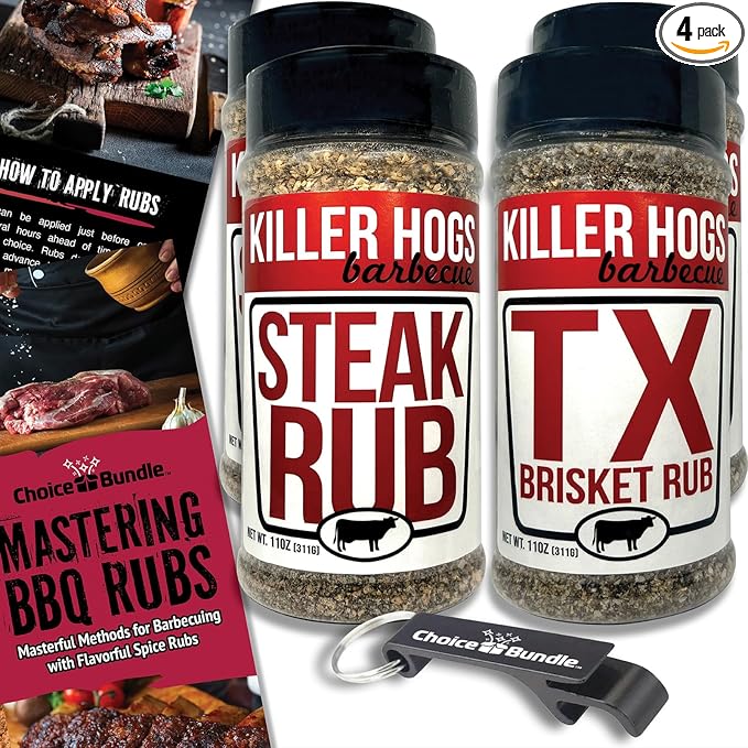 Killer Hogs Steak Rub &amp TX Texas Brisket Rub Premium BBQ Barbecue &amp Seasoning 4 pk Variety Choice Bundle (44 oz) + BBQ Guide &amp Keychain Bottle Opener (6 Items)!