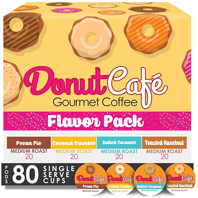 Donut Café - Gourmet Coffee Medium Roast Flavored Variety Pack – Pecan Pie Coconut Crumble Salted Caramel Toasted Hazelnut – Single Serve Coffee Pods for Keurig K Cup Brewers – 80 Count