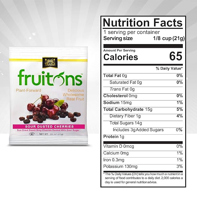 Traina Home Grown Fruitons Sun Dried Cherries Dusted With Sour Sugar - Non-GMO Gluten Free .75 oz bags (Pack of 18)