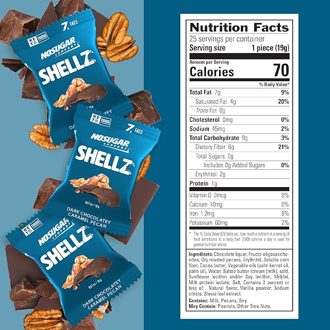 No Sugar Keto Shellz - Sugar Free (0g) Treat On-the-go Keto Snack - 25 Pack Individually Wrapped - Gluten Free Kosher Value Pack (2 packs Caramel Pecan)