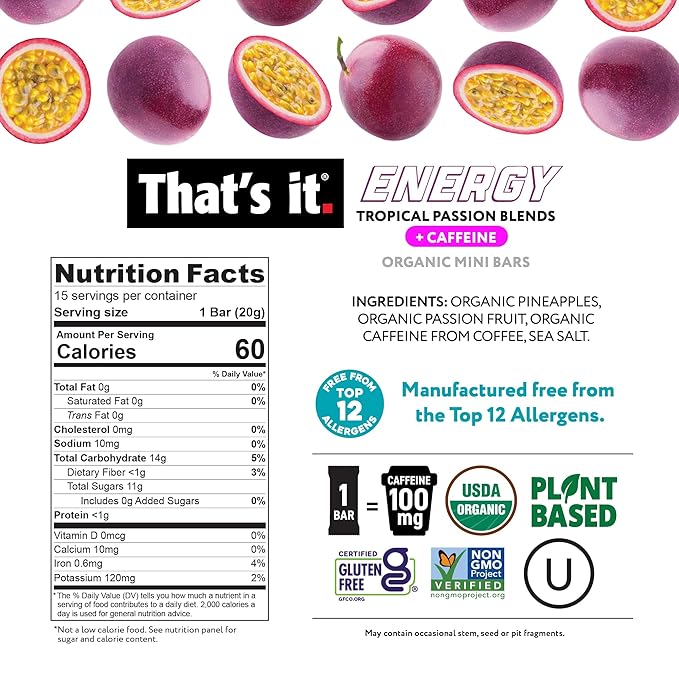 That's it. Tropical Passion Energy Mini Bars | 100mg Natural Caffeine |Pineapple Passionfruit| Allergy-Friendly Nut Free Organic Non-GMO Gluten-Free Snacks | 15 Count