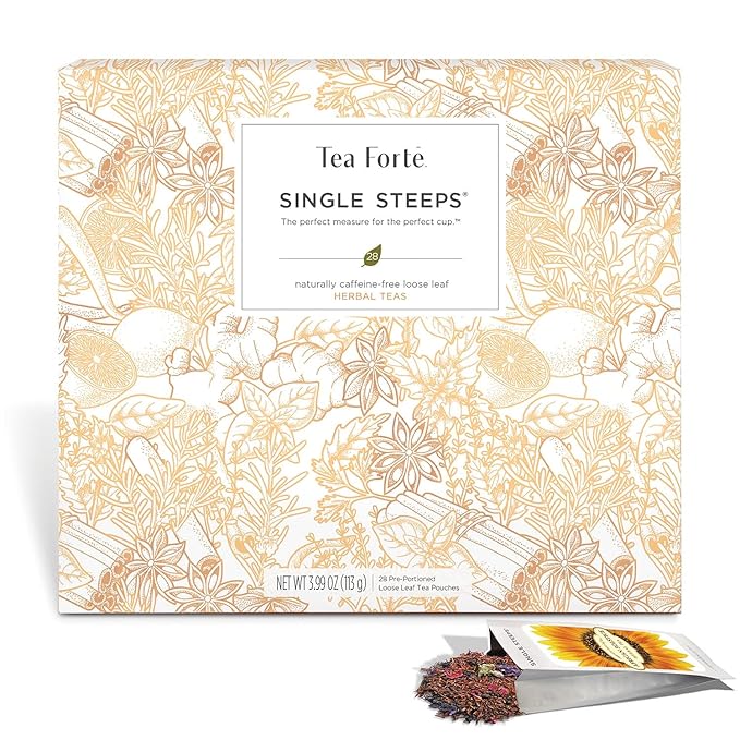Tea Forte Single Steeps Loose Leaf Tea Sampler Tea Chest Assorted Variety Tea Box 28 Single Serve Pouches Herbal Tea