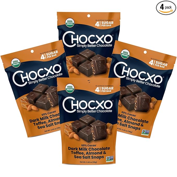 Chocxo Dark Milk Chocolate Toffee Almond &amp Sea Salt Snaps - Low in Real Sugar Organic Non-GMO Gluten Free &amp Kosher No Artificial Sweeteners or Sugar Alcohols 3.45 oz (Pack of 4)