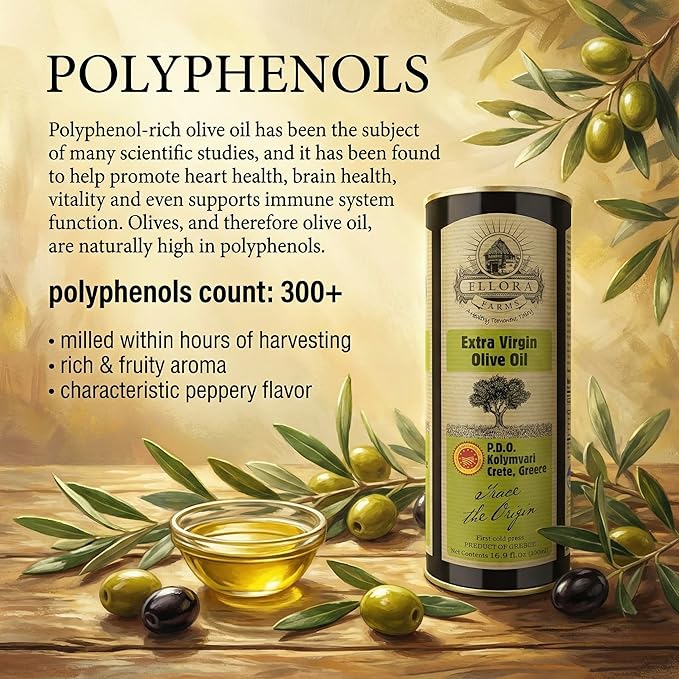 Ellora Farms Certified Extra Virgin Olive Oil Single Estate PDO Crete Traceable Greek EVOO Greece High in Phenols Kosher 16.9 Fl Oz Tin