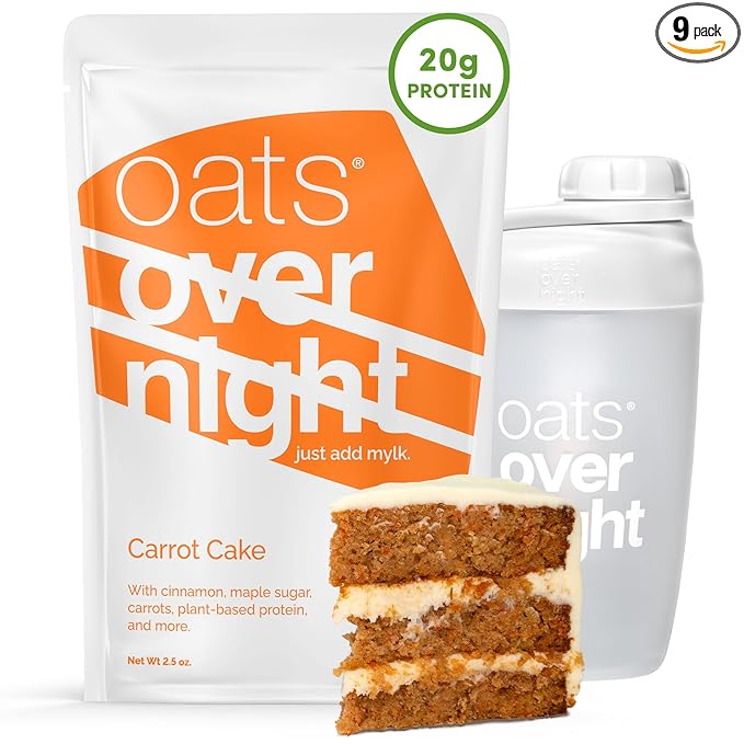 Oats Overnight Carrot Cake - Overnight Oats with 20g Whey Protein High Fiber Breakfast Protein Shake - Gluten Free Oatmeal Non GMO High Protein Oatmeal (2.5 oz per Meal) (8 Pack + Shaker Bottle)
