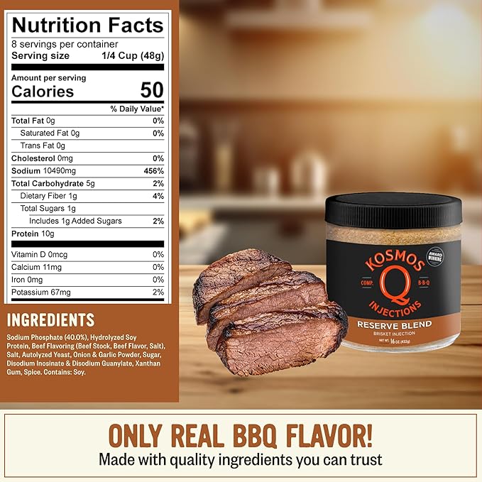 Kosmos Q Reserve Blend Brisket Injection Premium Beef BBQ Marinade for Tender &amp Juicy Brisket Phosphate-Enhanced for Moisture Retention Competition-Grade Seasoning Gluten Free 16 Oz Jar