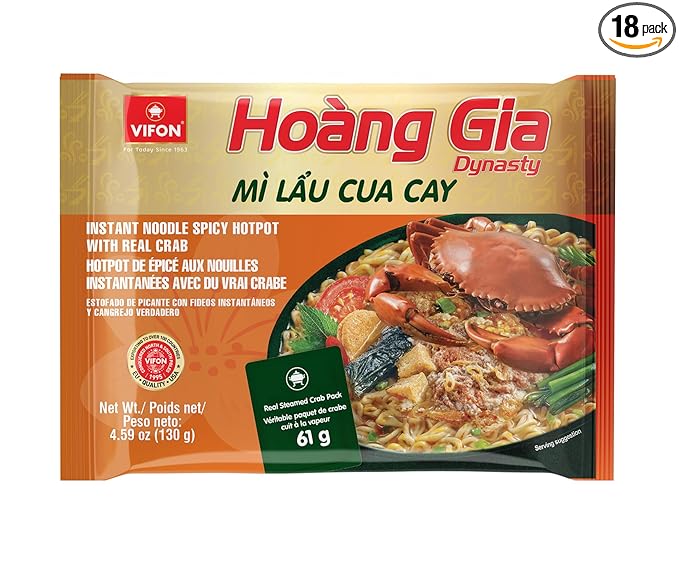 VIFON Hoàng Gia Spicy Crab Hotpot Instant Noodles 18-Pack (4.4 oz / 130 g each) | Vietnamese-Style Mì Lẩu Cua Cay | With Real Crab Extract | Rich and Spicy Seafood Soup | Ready in 3 Minutes