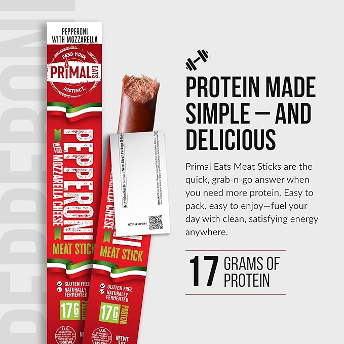 Primal Eats Pepperoni W/Mozzarella Beef Brisket Meat Sticks 3oz 10-Pack - 19g Lean Meat Protein Keto Paleo Carnivore Gluten Free low Sugar Beef Jerky Snack Stick