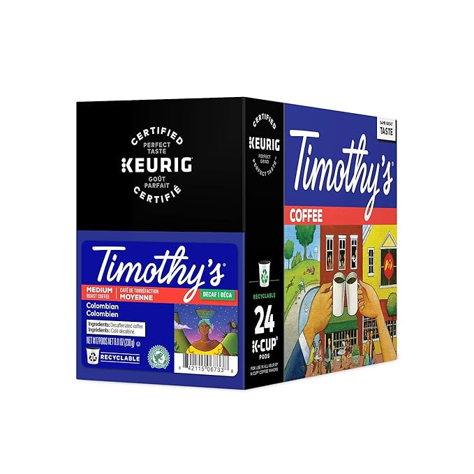 Timothy's Colombian Decaf  Single-Serve Keurig K-Cup Pods Medium Roast Coffee 96 Count (4 Boxes of 24 Pods)