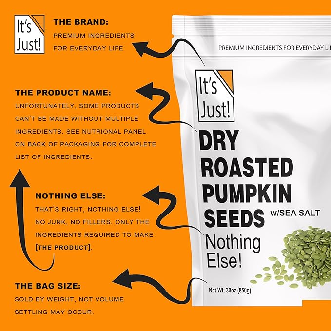 It's Just - Pumpkin Seeds (Pepitas) No Shell Keto Friendly Snacking Non-GMO Packed in USA (Dry Roasted/Sea Salted 30 Ounce)