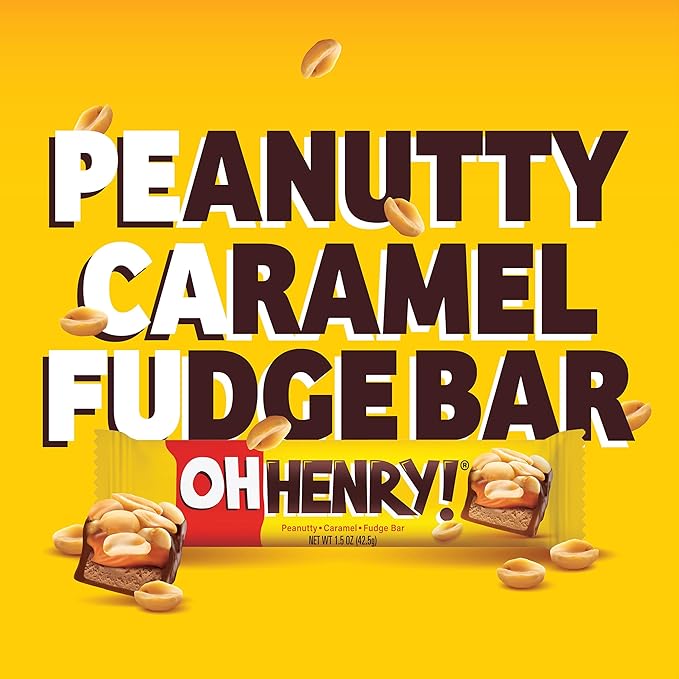Oh Henry! Peanuty Caramel Fudge Bar Full Size Individually Wrapped Candy Bars 1.5oz each Bulk 24 Pack