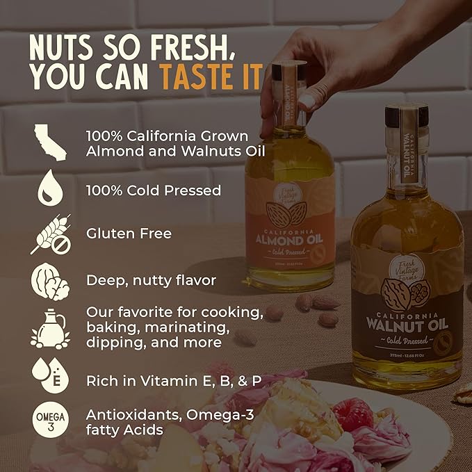 Fresh Vintage Farms Nut Bundle 100% Undiluted Cold Pressed Almond &amp Walnut Cooking Oils | Wholesome &amp Nutritious Healthy Cooking Oils for Cooking Baking Dipping &amp Salads | 12.68 Fl oz