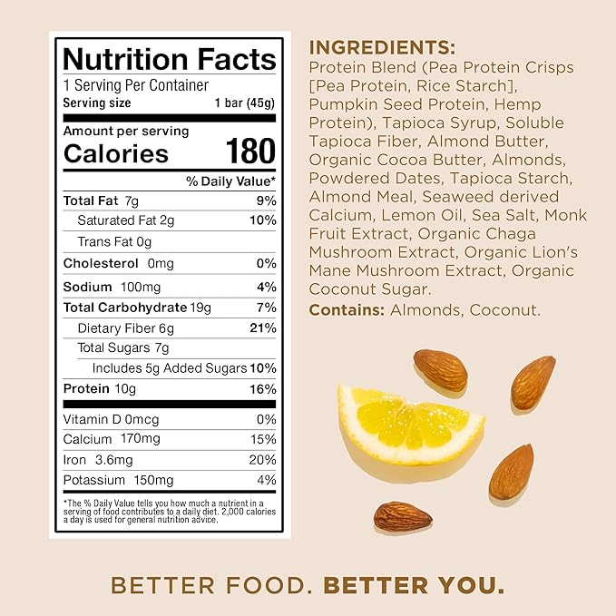 Laird Superfood Functional Protein Bars – Protein Bar but Better with Real Ingredients Functional Mushrooms 10g Plant-Based Protein 6g Fiber - Non-GMO - Lemon Almond 10 Count (Pack of 1)