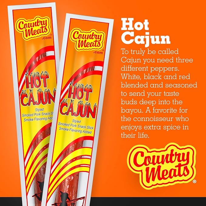 Country Meats Meat Sticks 0 Trans Fat USDA Certified Good Source of Protein Carb Conscious Snack (24 Meat Sticks Hot Cajun)