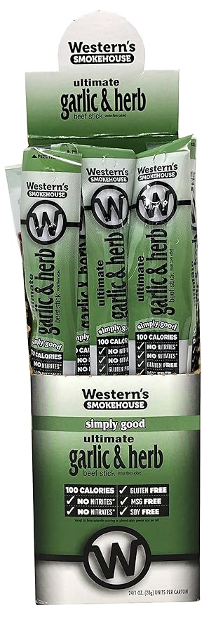 Western’s Smokehouse Garlic &amp Herb Jerky Meat Sticks - 1.0 Ounce Pack of 24-100 Calories 8g Protein Gluten-Free MSG-Free Soy-Free No Nitrates
