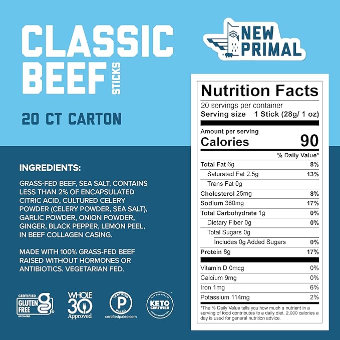 The New Primal Grass Fed Beef Sticks Keto Gluten Free Healthy Snacks for Adults Sugar Free Low Carb High Protein Snack Paleo Whole30 Jerky Meat Stick 8g Protein 90 Calories 20 Pack
