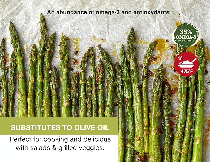 Signé Caméline. Virgin Camelina Oil. 1.32 gallons. Finishing and cooking oil. High in Omega-3. Smoke point 475 degrees fahrenheit. Substitute for olive oil. Produced in Canada.