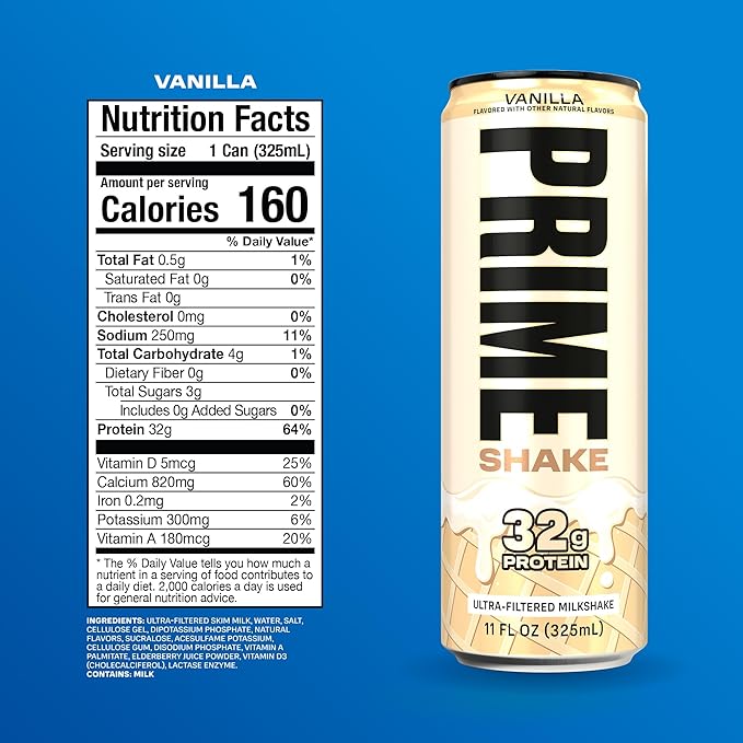 PRIME Shakes Vanilla 32g Protein Shake for Muscle Support &amp Recovery Ultra-Filtered Milk Lactose Free Low Sugar Low Calorie Ready to Drink 11 fl oz 12 Pack